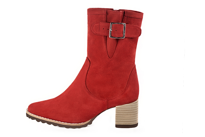 Scarlet red women's ankle boots with buckles on the sides. Round toe. Medium block heels. Profile view - Florence KOOIJMAN